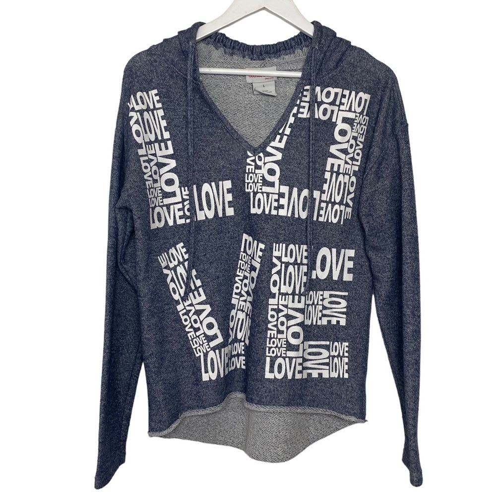 Luscious Hooded Sweatshirt With String Pullover Gray White LOVE Lettering. Sz L